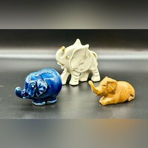 Set of 3 Vintage Elephant Figurines Wood Porcelain Ceramic